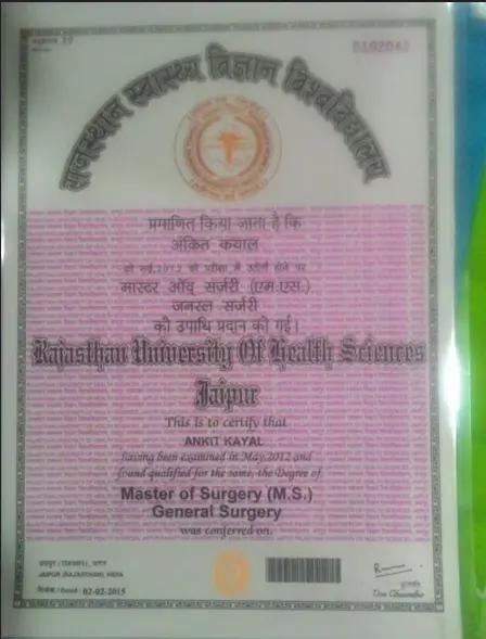 MS General Surgery degree certificate of Dr. Ankit Kayal